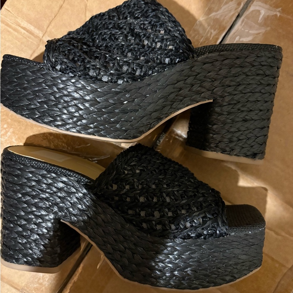 Dolce Vita Black Raffia Wedge Sandals